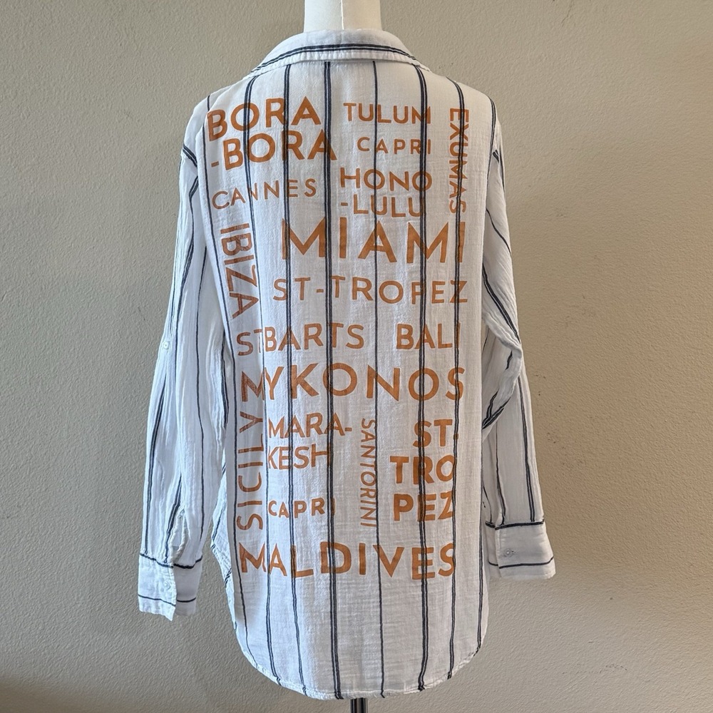 Elan Resort Shirt M Cotton Beach Cover Up Striped Travel Graphic Coastal